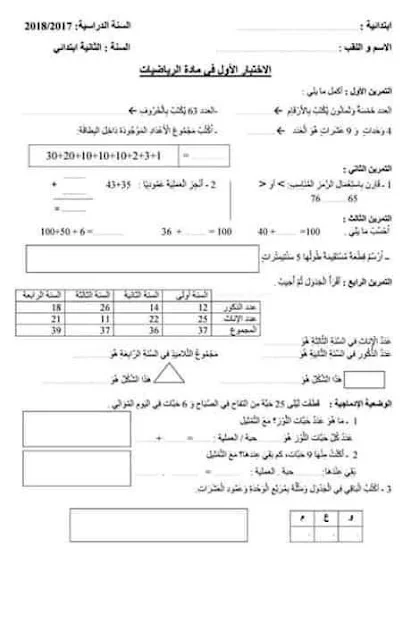 نماذج اختبارات الرياضيات للثانية إبتدائي الفصل الأول
