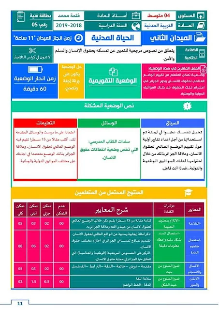 بطاقات فنية في التربية المدنية للرابعة متوســـط