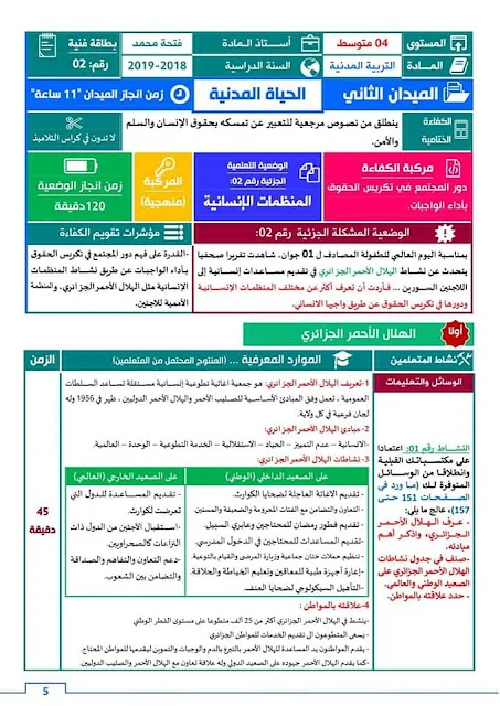 بطاقات فنية في التربية المدنية للرابعة متوســـط
