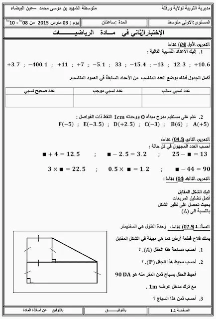 اقتراح مجموعة اختبارات و فروض السنة الأولى متوسط للفصل الثاني