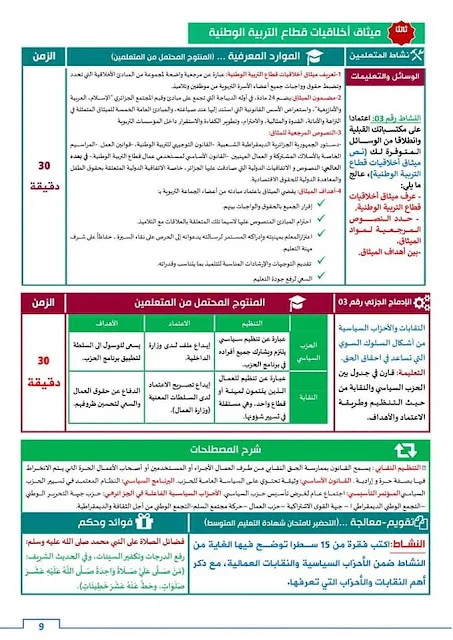 بطاقات فنية في التربية المدنية للرابعة متوســـط