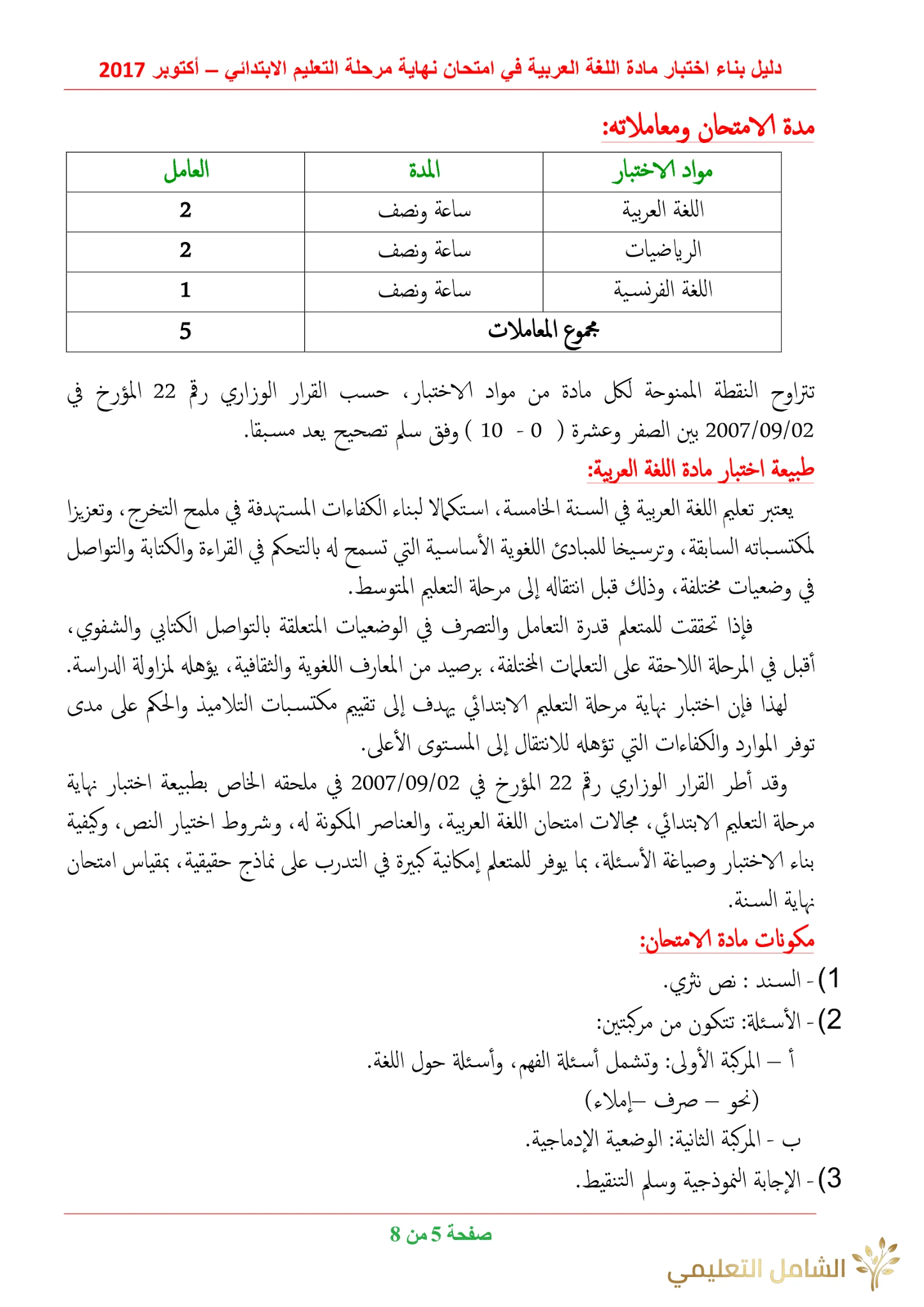 دليل بناء الاختبارات للغة العربية في الابتدائي | منصة الشامل التعليمية