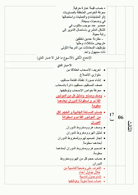 التدرج السنوي لمخطط تعلمات الرياضيات للسنة الثالثة متوسط 2021/2020