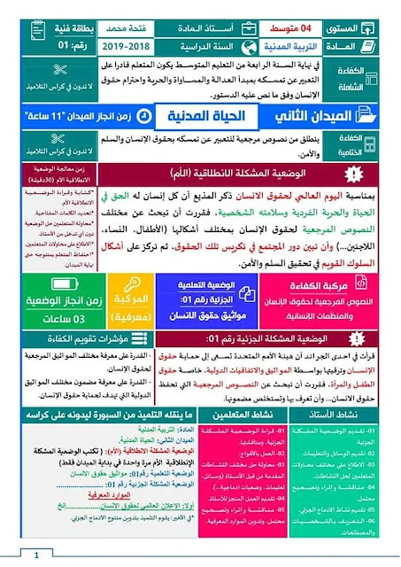 بطاقات فنية في التربية المدنية للرابعة متوســـط