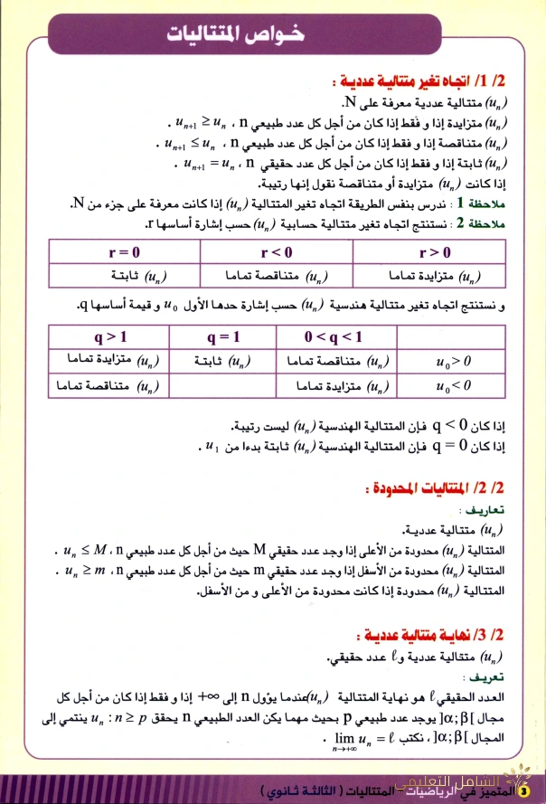 بطاقات رائعة حول المتتاليات 3AS | منصة الشامل التعليمية